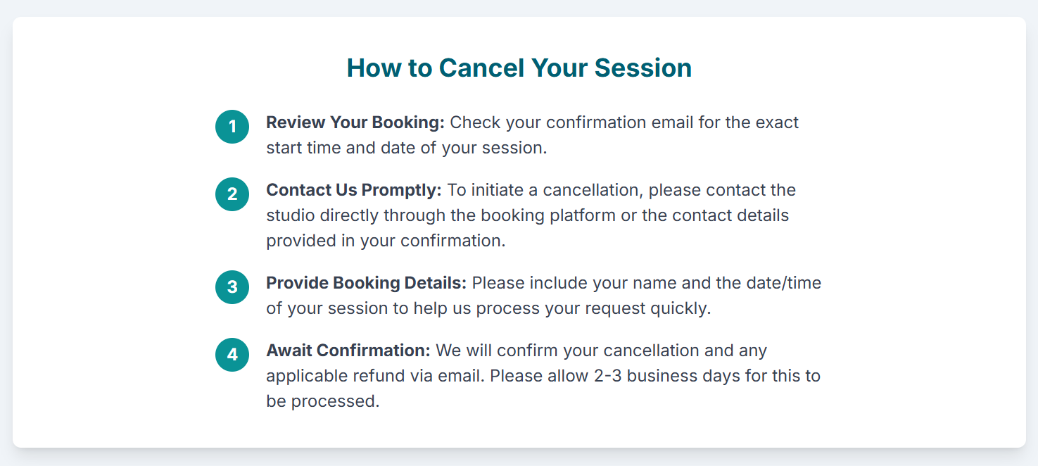 What is the cancellation policy in visual podcast studio London? - 5