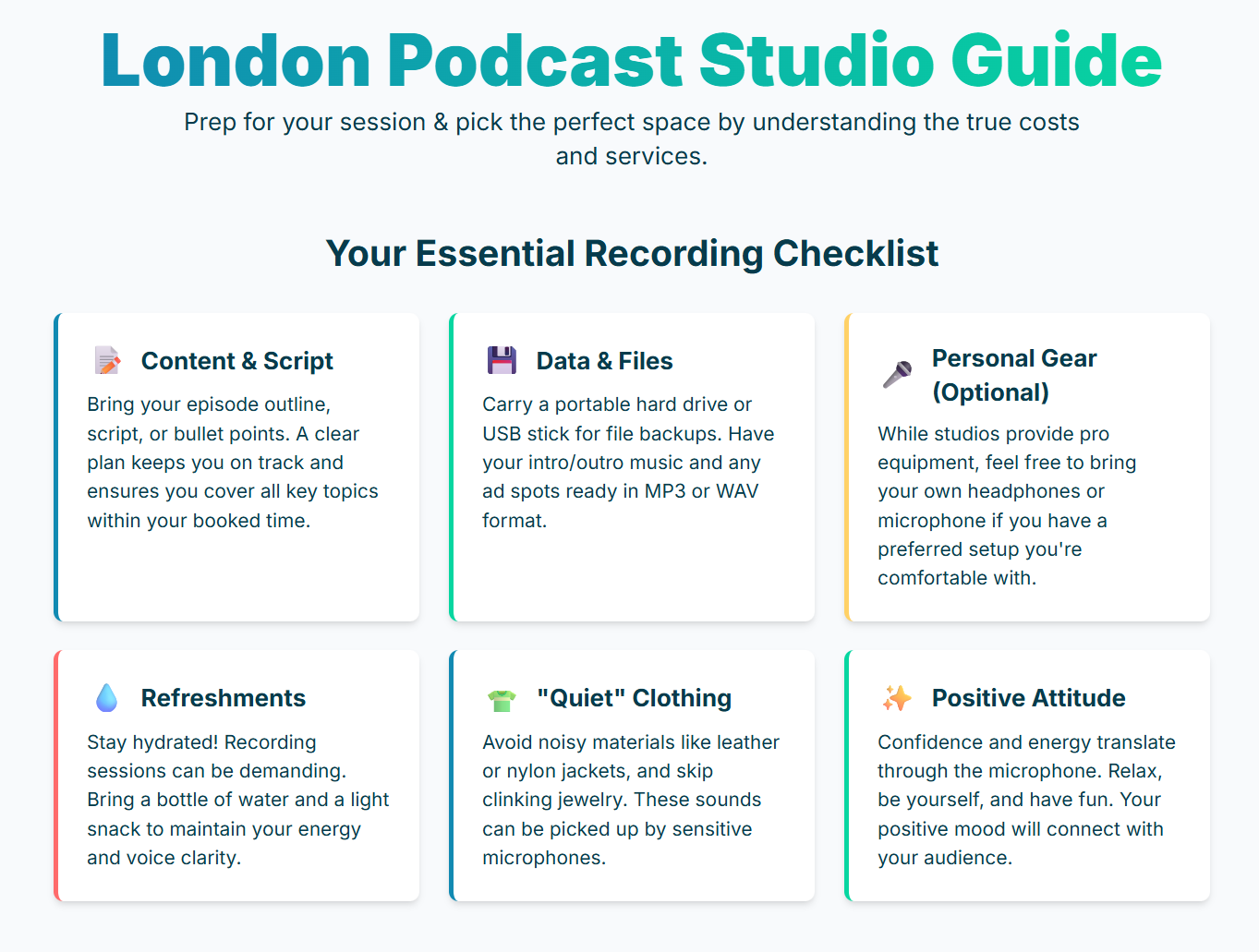 What should I bring to my recording session at a London podcast studio? - 2