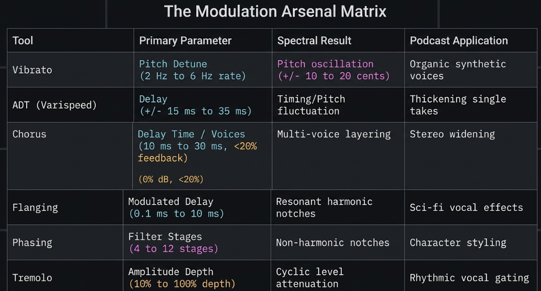 Audio Engineering in a Professional Podcast Post-Production: Tools: Modulation Tools: Vibrato, ADT, Chorus, Flanging, Phasing, Tremolo - 4