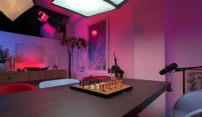 Finchley Gathering set – podcast studio hire London configured for roundtable panel format