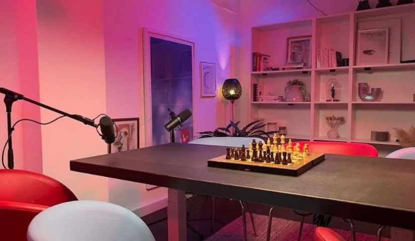 Professional podcast studio hire London – Gathering set at Finchley with adjustable lighting