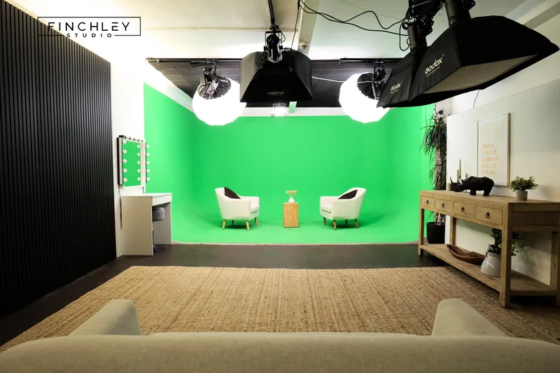 Green screen set at Finchley podcast studio London – ideal for music videos and brand shoots