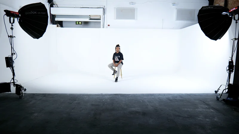 Giant white infinity cove photography studio in London at Finchley – seamless curved backdrop for product fashion and editorial shoots